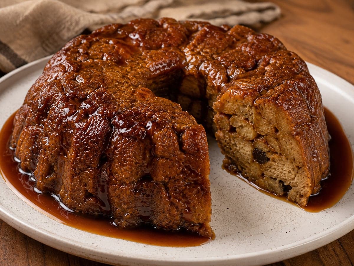 Budín de pan casero bañado en caramelo, con una porción ya cortada