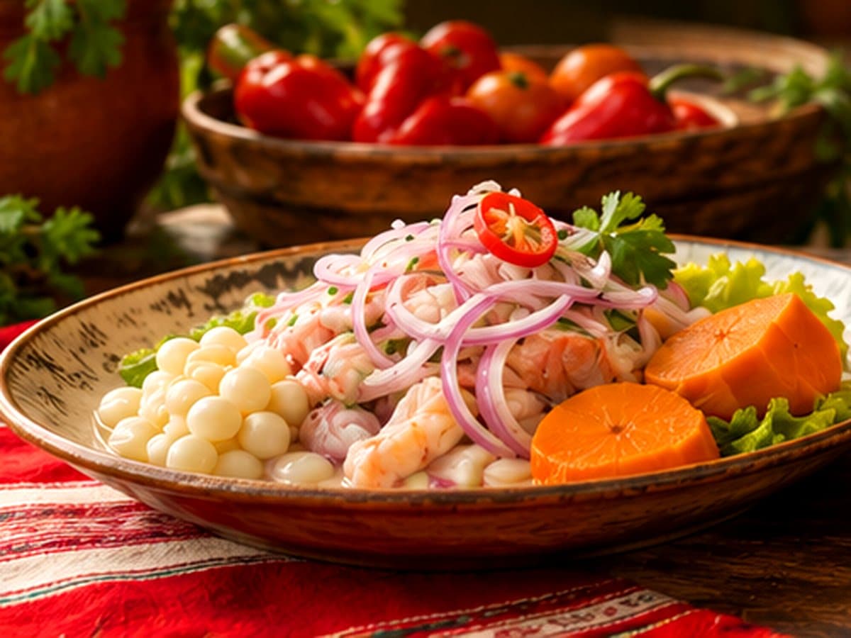 Ceviche peruano de pescado fresco con cebolla morada y choclo