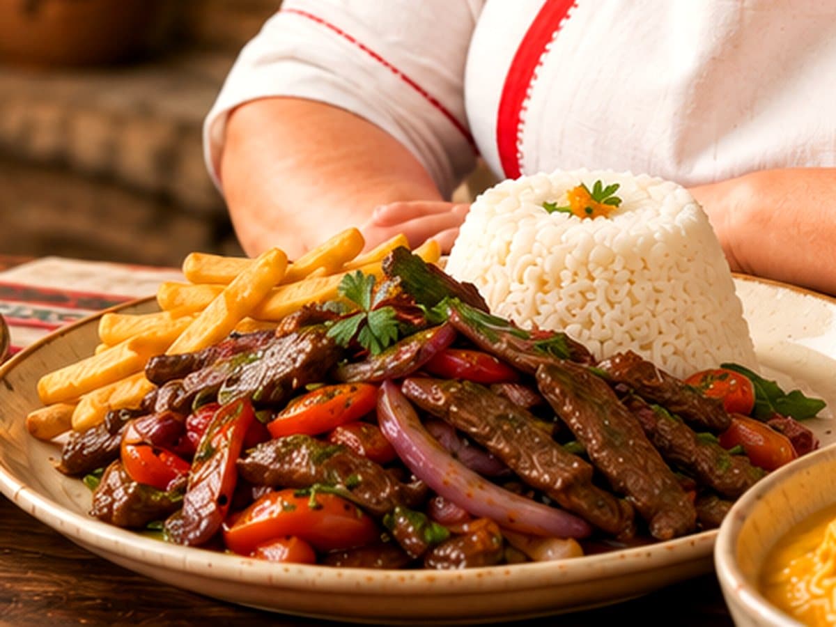 Lomo saltado peruano con arroz blanco y patatas fritas