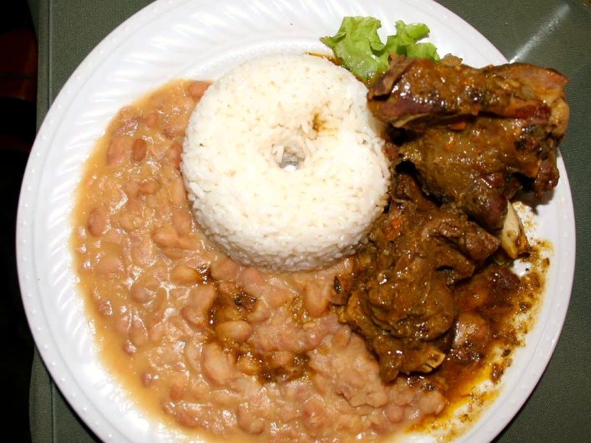 Seco peruano de carne guisada con frijoles y arroz blanco