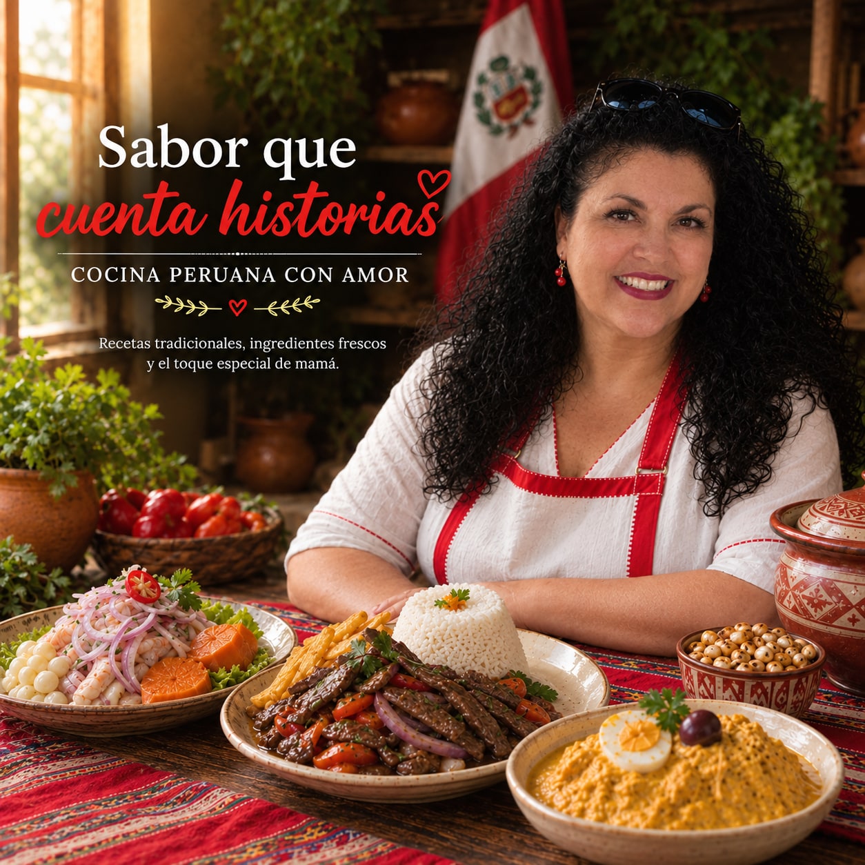 Majumi Aizcorbe sonriendo con delantal peruano junto a platos de lomo saltado y ají de gallina, con la bandera del Perú al fondo