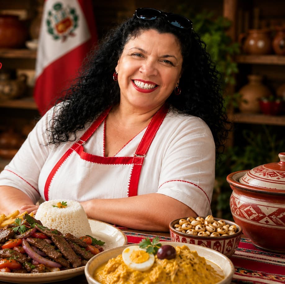 Majumi Aizcorbe sonriendo con delantal peruano junto a platos de lomo saltado y ají de gallina, con la bandera del Perú al fondo