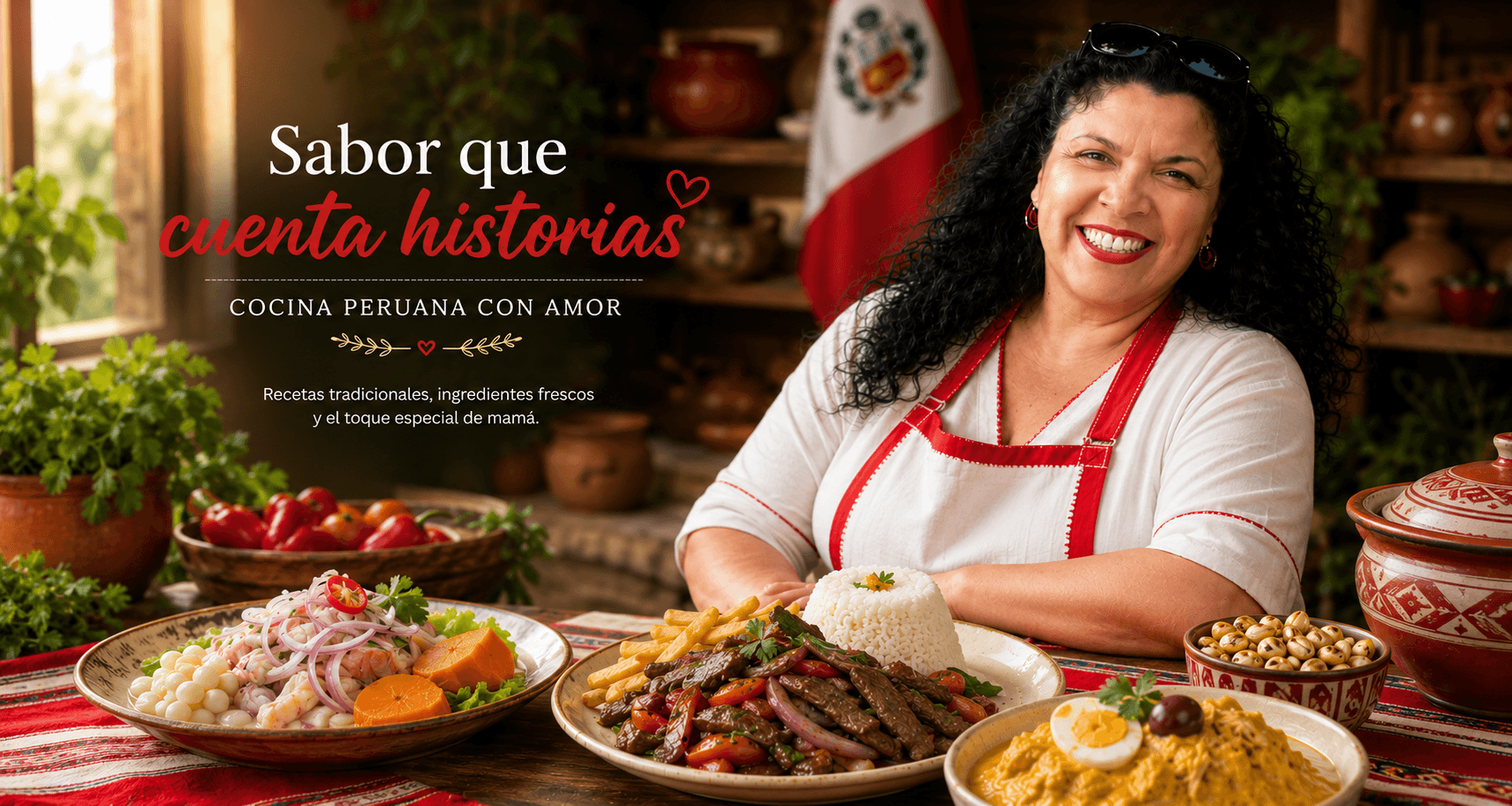 Majumi Aizcorbe sonriendo con delantal peruano junto a ceviche, lomo saltado y ají de gallina, con la bandera del Perú al fondo